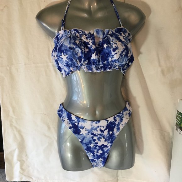 ZAFUL Women's Strapless Ribbed Tie Back Ruffle Cutout Bandeau Bikini Swimsuit M - Picture 2 of 16